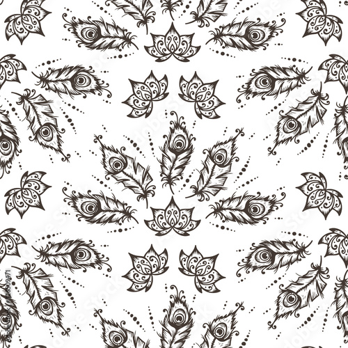 Hand Drawn doodle Peacock Feathers and the Lotus Flowers Seamless Pattern