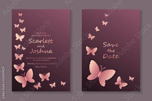 Photography Modern luxury card template for business or presentation or greeting with rose gold butterflies on a pink background