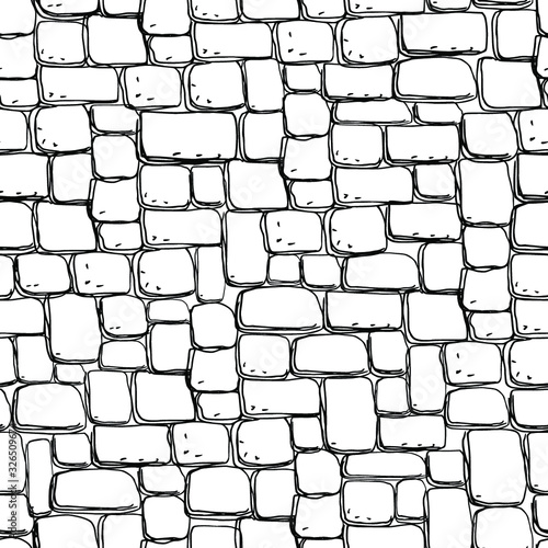 Seamless stonework pattern/ Black and white stone wall texture/ Cobblestone pavement background/ Hand drawn vector illustration