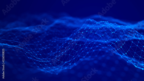 Wave of particles. Abstract blue background with a dynamic wave. Big data visualization. 3d rendering.