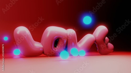 3d Inflatable word love collapses amid glowing blue balls animation