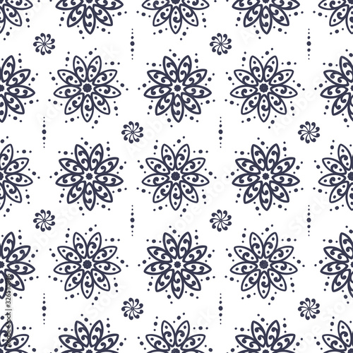 Flowers Mandala Patterns Vector Seamless pattern. Hand Drawn Doodle Round Flower Ornament. Floral Background