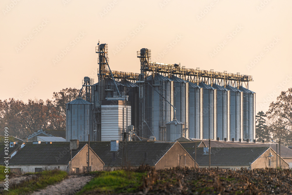 Obraz premium Agricultural installation of silver silos used for drying seeds and corn. The grain elevator used for storage illuminated by the warm setting sun.
