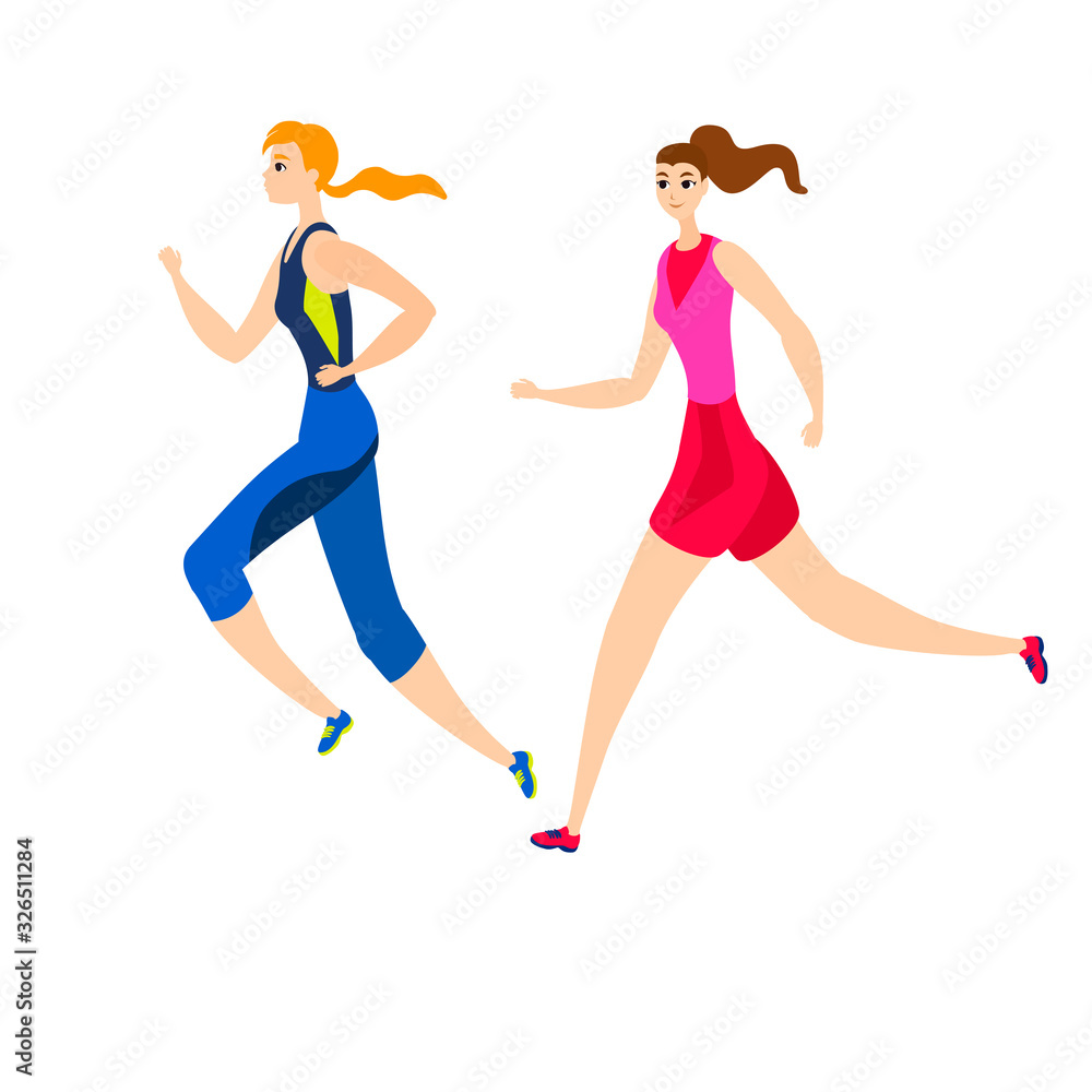 Vector illustration isolated on white cartoon flat running girls active sportive wemen run Vector illustration isolated on white cartoon flat running girls active sportive wemen run