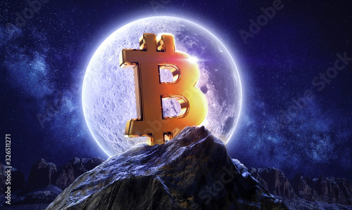 Moon bitcoin live. btc price double investment. Moonlight space logo with mountain shine photo