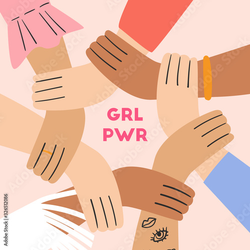 Card with women's hands. Group of women holding each other's hands. Design element for 8 March cards, posters, banners. Grl pwr. Girl power