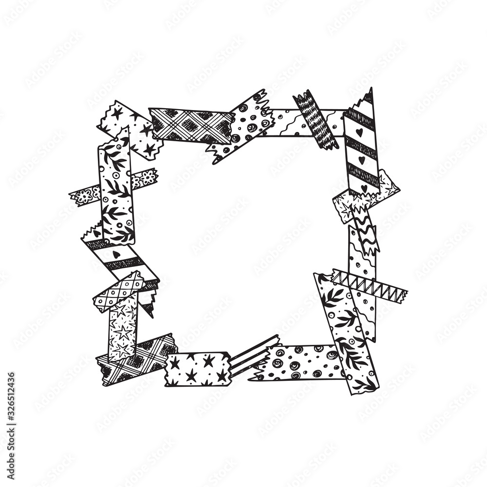 Fototapeta premium Square frame of Strips Masking Tape. Hand Drawn Doodle Sticky tape. Scotch pattern. Black and white Adhesive tape. Patchwork. Scrapbook