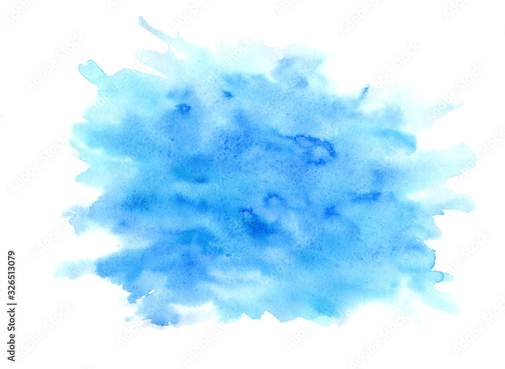 Bright blue and turquoise expressive wet watercolor texture blob isolated on white background, wash technique. Modern creative watercolour stain for decoration, abstract water splash or cloud concept