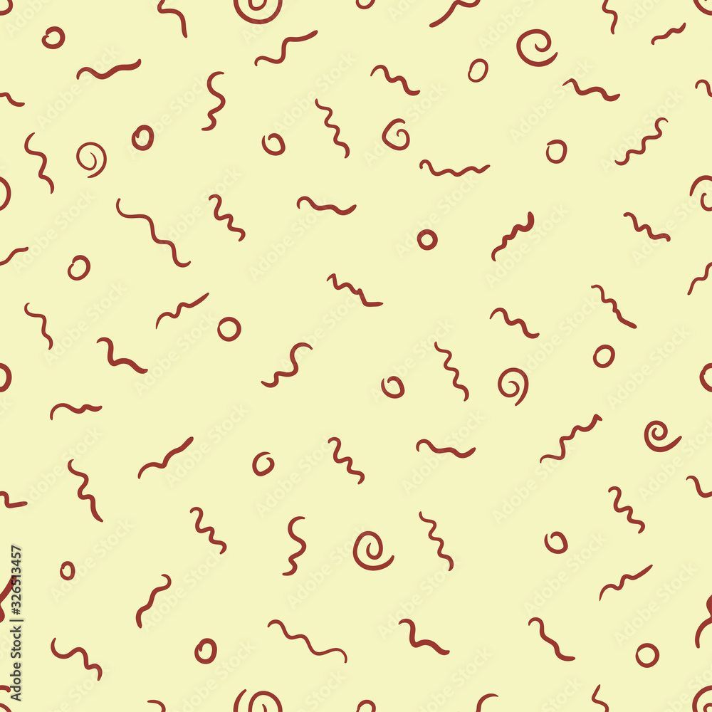 Simple doodle abstract seamless pattern. Circles, spirals and waves on light yellow background. Simple doodle abstract seamless pattern. Circles, spirals and waves on light yellow background.