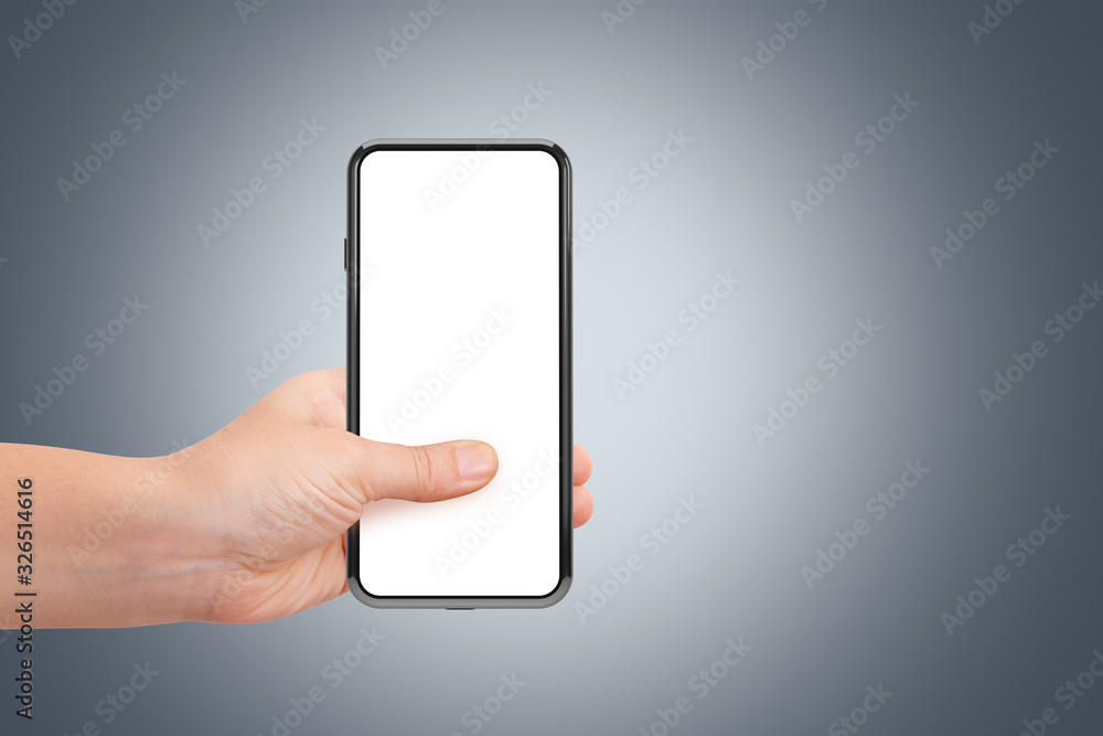 3D Rendering of Full Screen Phone Mock Up and Hand Holding on Dark 3D Rendering of Full Screen Phone Mock Up and Hand Holding on Dark