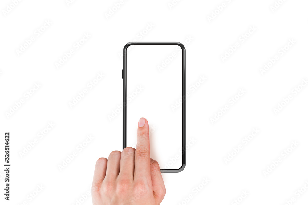 3D Rendering of Full Screen Phone Mock Up and Hand Holding on White 3D Rendering of Full Screen Phone Mock Up and Hand Holding on White