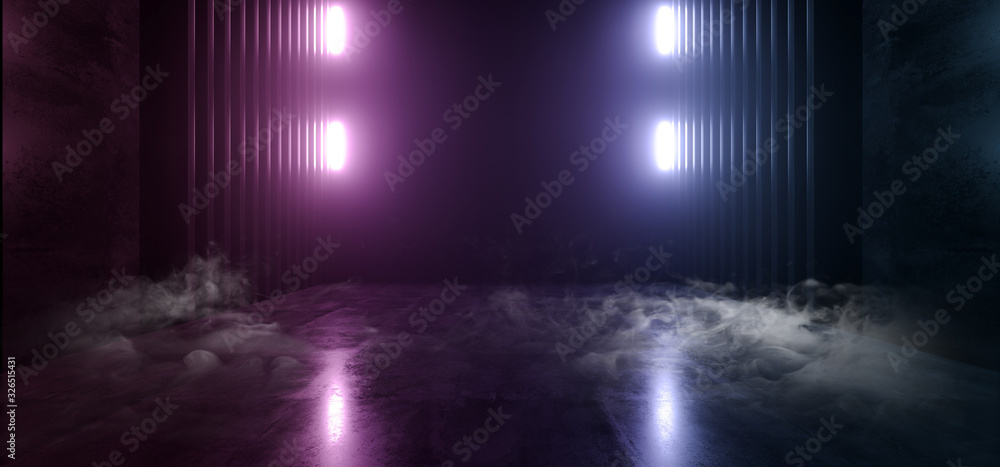 Smoke Fog Stage Podium Neon Led Laser Beams Glowing Vibrant Purple Classic Pantone Blue Garage Showroom Concrete Dark Club Cyber 3D Rendering