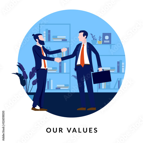 Business values - Two businessmen shaking hands in office. Being polite, respectful and professional. Tekst below says our values.