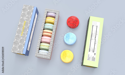 colorful Macarons in a box and next to the box