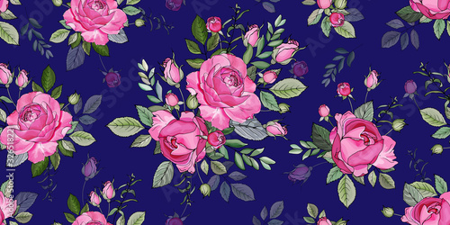 Seamless floral pattern with pink flowers rose, buds and green leaves on dark blue background. Hand drawn. For textile, wallpapers, print, wrapping paper. Watercolor style. Vector stock illustration.