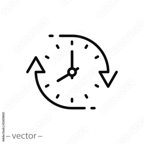 change or update date icon, forward or back time on clock, reverse time, thin line web symbol on white background - editable stroke vector illustration