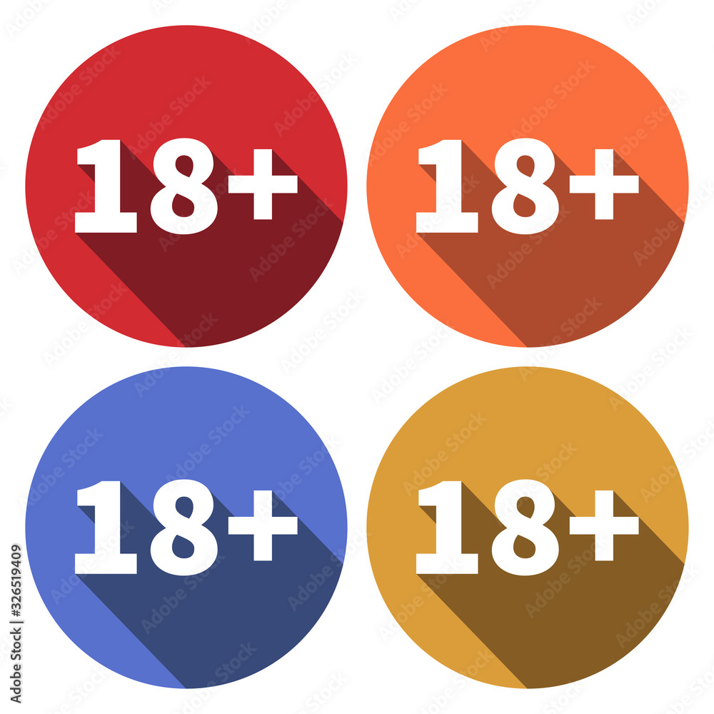 18 plus years old sign. Adults content icon. Circle buttons with long shadow. 4 icons set. Vector 18 plus years old sign. Adults content icon. Circle buttons with long shadow. 4 icons set. Vector