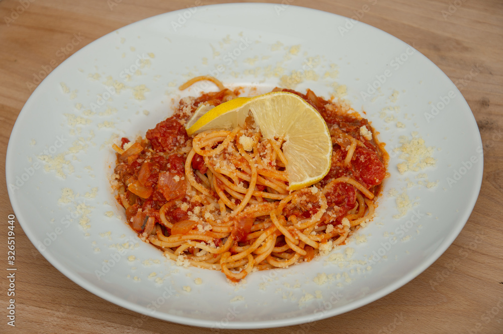 platter with Spaghetti Tono  ,Spaghetti Tonno - pasta, tuna, tomatoes, garlic,