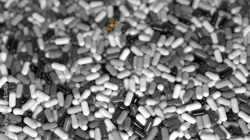 Heap of medicine tablets. Background made from pills or capsules in white and gray colors with medical sign in shape of cross made by gold. 3d illustration. Selective focus macro shot with shallow DOF