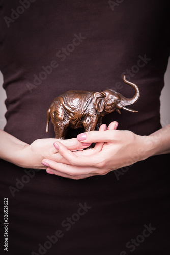Fototapeta Naklejka Na Ścianę i Meble -  Beautiful female hand holding brown figurine of an elephant. Manicure with pink nail polish