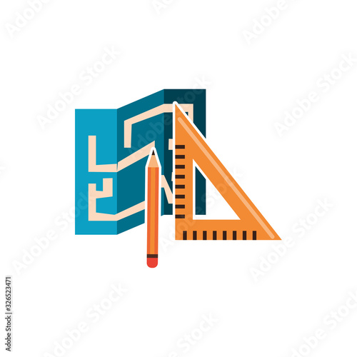 plane paper with rule and pencil construction icon