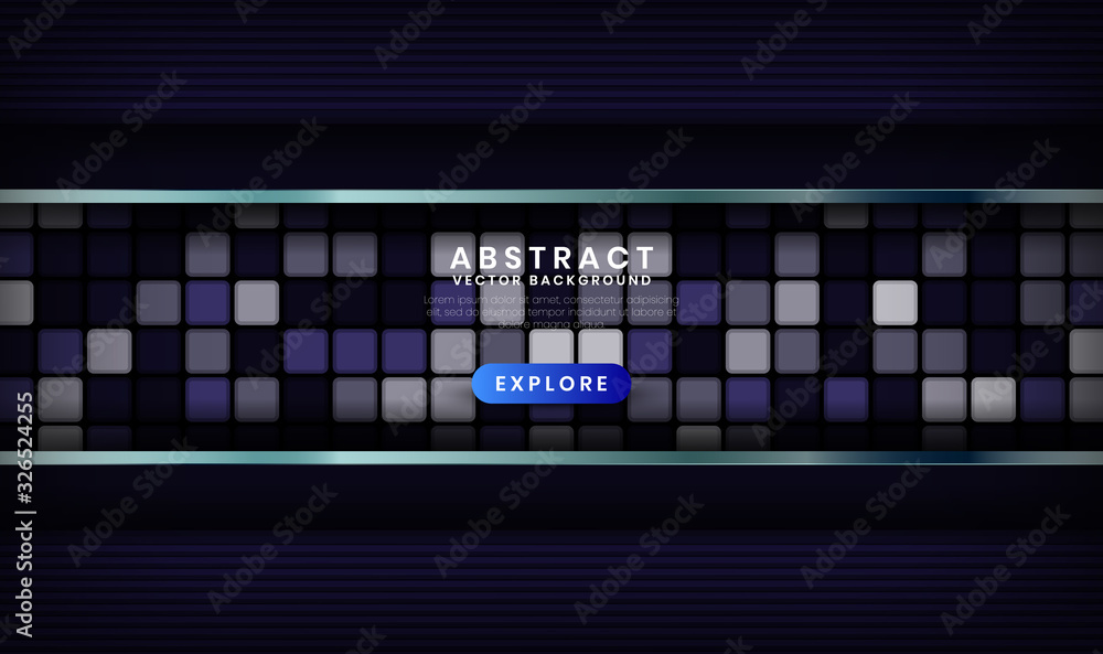Abstract 3D navy blue techno background with metallic lines. Overlap layer on dark space with random square decoration. Modern graphic design template for poster, flyer, brochure, or landing page Abstract 3D navy blue techno background with metallic lines. Overlap layer on dark space with random square decoration. Modern graphic design template for poster, flyer, brochure, or landing page