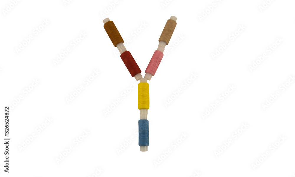 Isolated Font English or Latin Letter Y made of colorful spools of thread for sewing on white background Isolated Font English or Latin Letter Y made of colorful spools of thread for sewing on white background