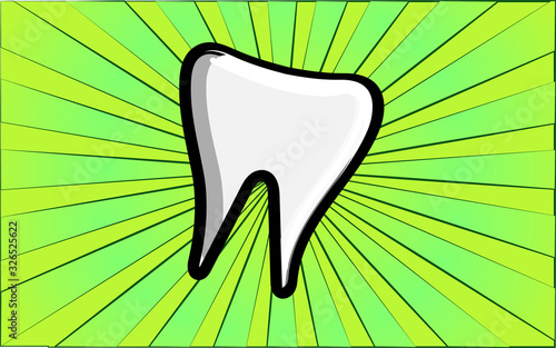 Medical dental white healthy molar tooth on a background of abstract green rays. Vector illustration