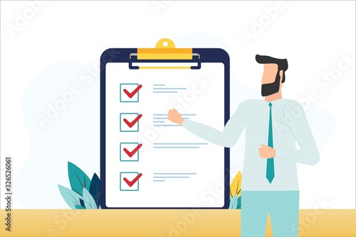 fill out form, for web banners, infographics, websites. Concept done job, checklist, long paper document to do list with checkboxes. Freelancer working on computer, life work balance, time management