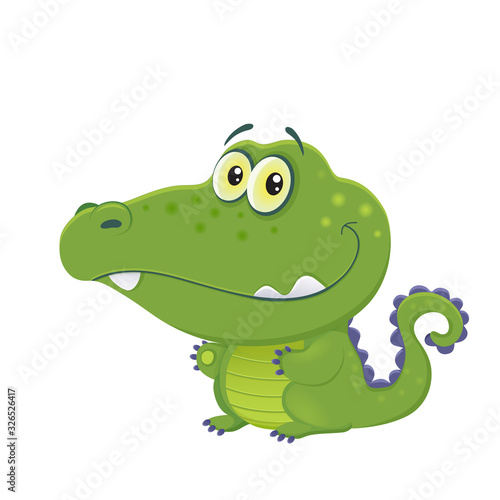 vector green cartoon cute crocodile caiman alligator, isolated on white background print for fabric and t-shirts, mascot, crocodile day, funny alphabet for children, schooling, african animal eps 10