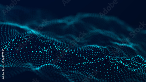 Dynamic wave of glowing particles. Digital technology background. 3d rendering.