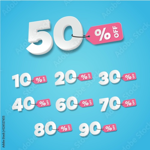 Sale and discount labels blue. Price off tag icon flat design collection set. 10, 20, 30, 40, 50, 60, 70, 80, 90 percent sale. Vector illustration.