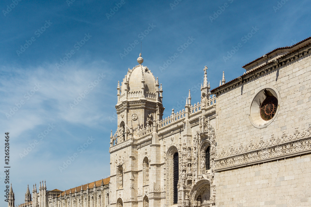 Facade detail of The Hieronymites Monastery (Mosteiro dos Jerónimos)—late gothic manueline-style monastery located in Belem district in Lisbon, Portugal.