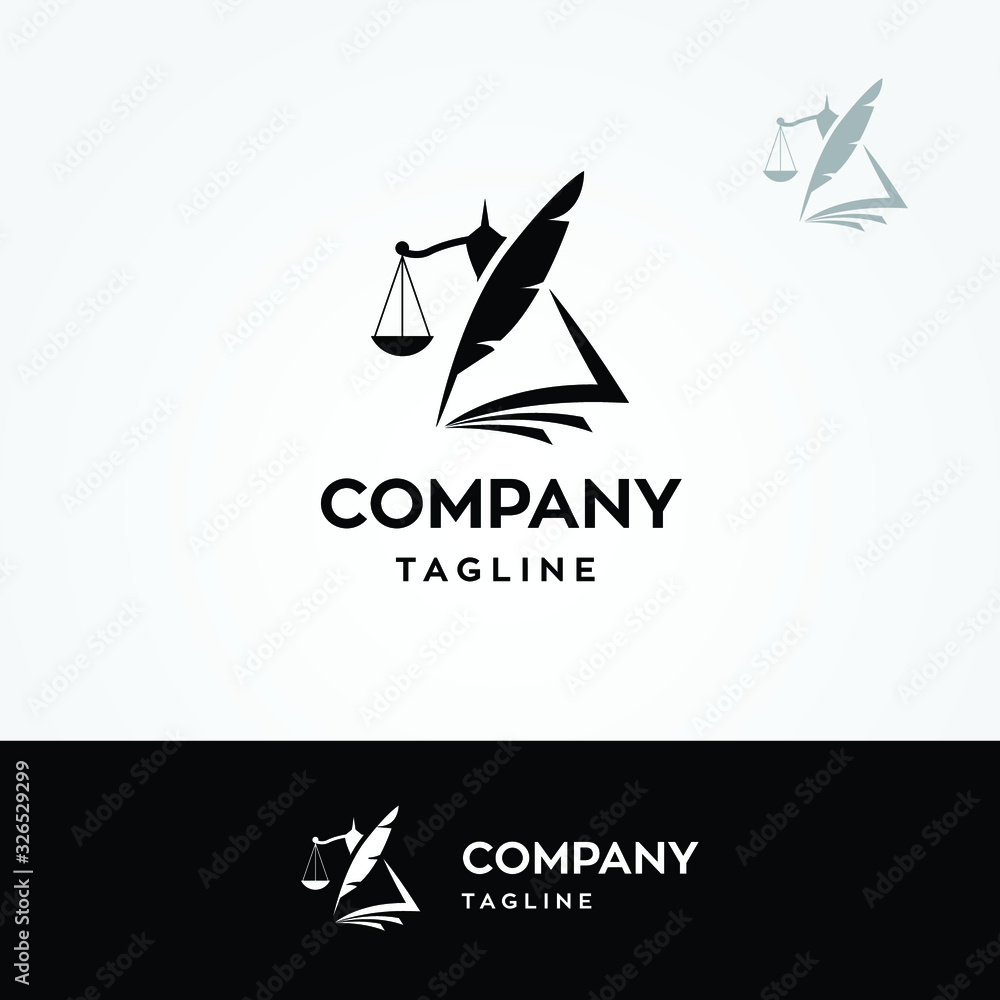 Law firm justice logo combined with feather pen, book and balance Law firm justice logo combined with feather pen, book and balance