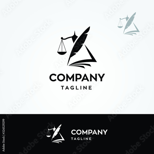 Law firm justice logo combined with feather pen, book and balance