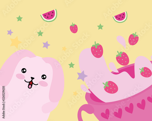 cute little rabbit with strawberry smoothie kawaii character