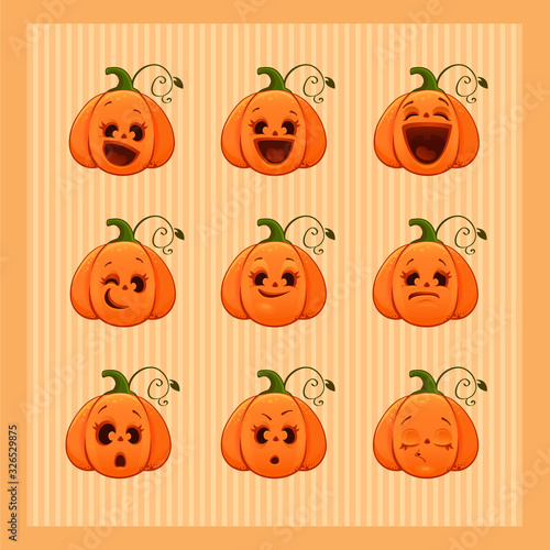 Set of vector illustrations of cartoon cute pumpkins, eps 10, print for t-shirt