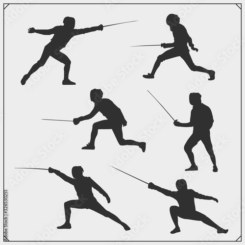 Set of fencer silhouettes. Swordsman Equipment. Vector monochrome design. 