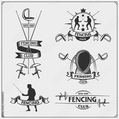 Set of fencing sport emblems with fencer in helmet. Swordsman Equipment. Vector monochrome design. 