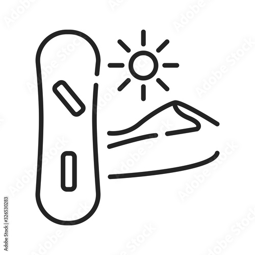 Sandboarding black line icon on white background. Extreme. Descent from the snowy slope on a snowboard. Pictogram for web page, mobile app, promo. UI UX GUI design element. Editable stroke.