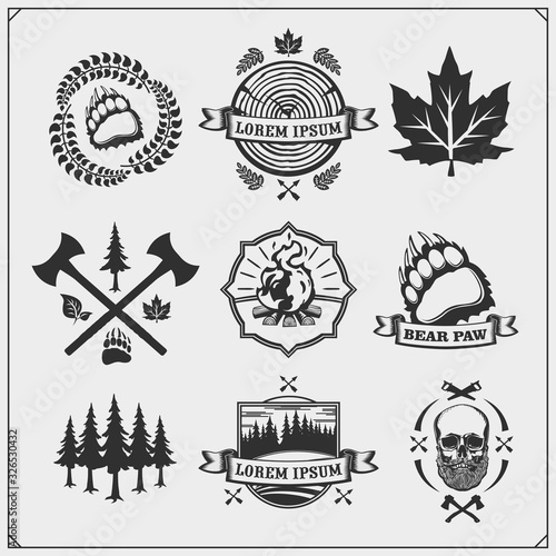 Set of Lumberjack labels, badges and design elements. Joinery and hand made emblems. Vintage style. Print design for t-shirt. 