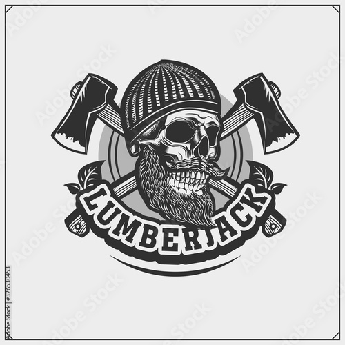 Lumberjack emblem with skull. Vintage style. Print design for t-shirt. 