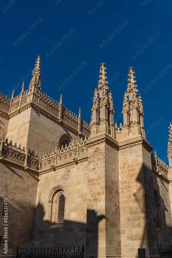Facade of the Granada Cathedral against the blue sky, Andalusia, Spain. Vertical.