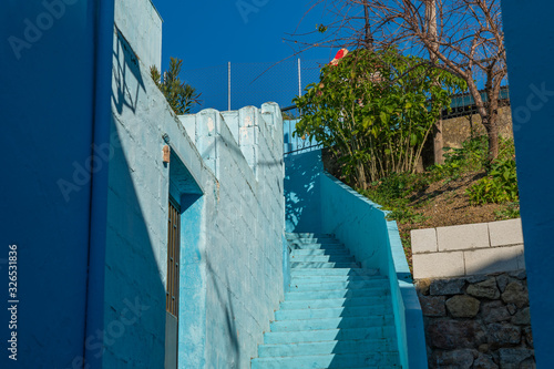 Blue staircase in Juzcar blue town, Province of Malaga, Spain. © ggfoto