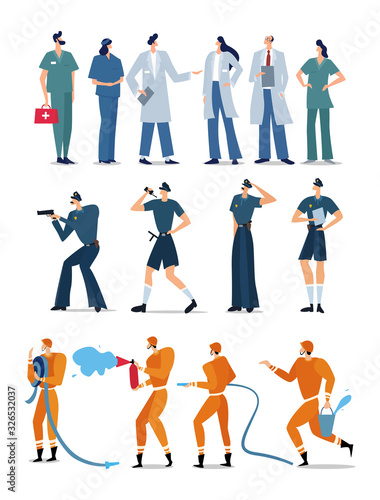 Representatives of different emergency professions, flat style characters police, firefighters and ambulance workers. Police, fire and ambulance. Vector Illustration