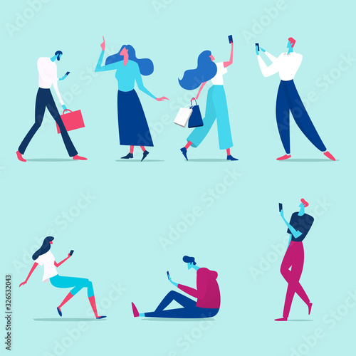 Group of male and female cartoon characters with mobile phones talking  listening to music  taking a selfie. Flat vector illustration