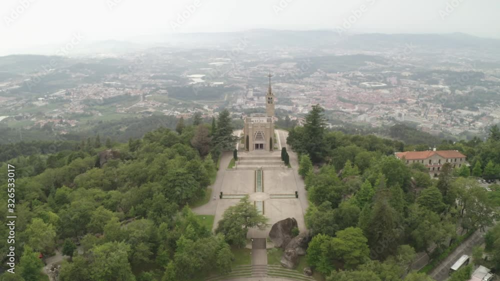 Penha Sanctuary drone aerial view in Guimaraes, Portugal Penha Sanctuary drone aerial view in Guimaraes, Portugal