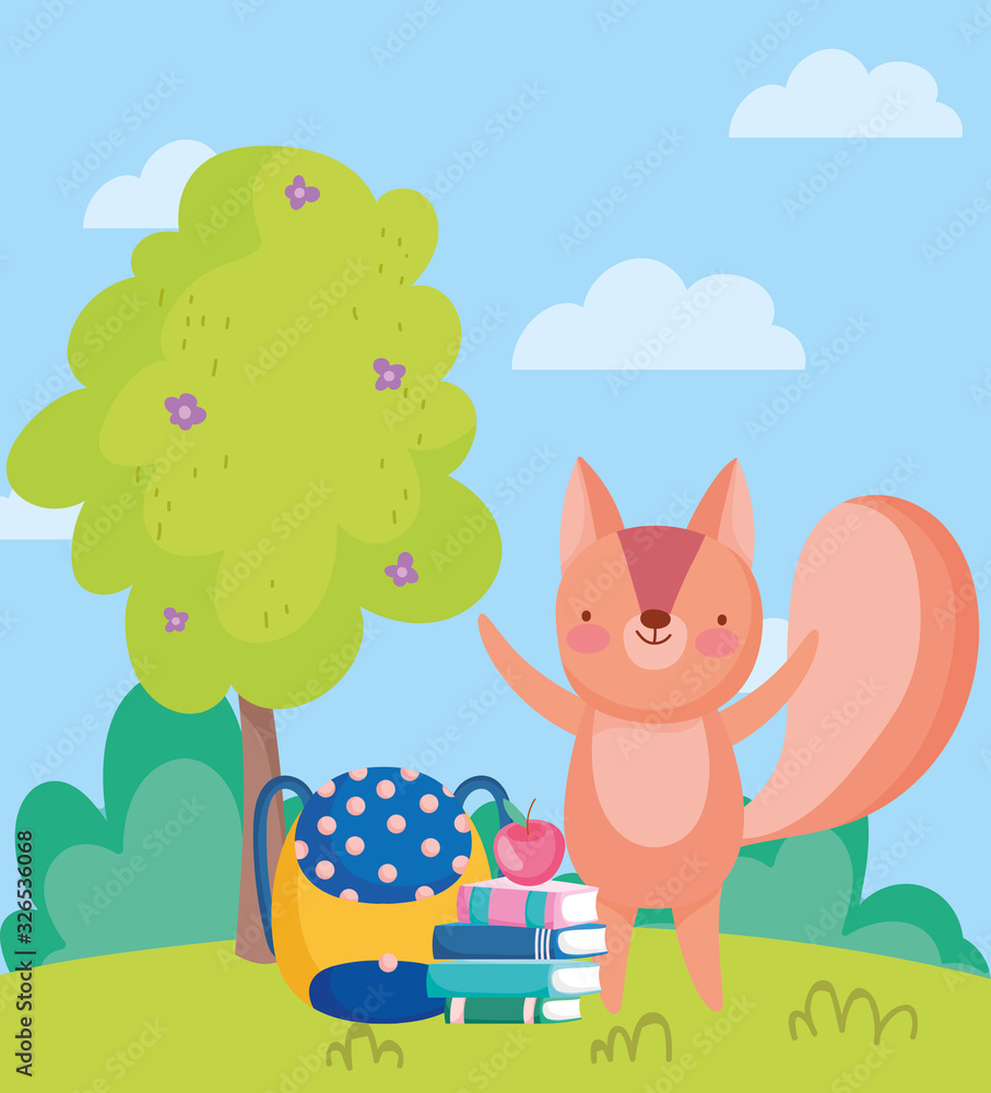 Fototapeta premium back to school, squirrel books backpack and apple