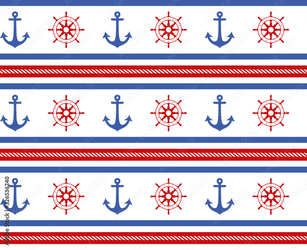 Marine and nautical background with anchor, wheel, rope, knot. Seamless background. Vector illustration. The idea for a card, packaging. Marine and nautical background with anchor, wheel, rope, knot. Seamless background. Vector illustration. The idea for a card, packaging.