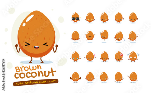 Mascot Set of the Brown Coconut. Twenty Mascot poses. Isolated Vector Illustration
